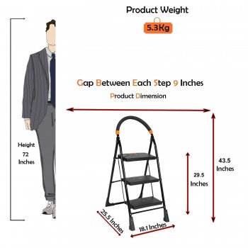 Trendy Ladder Cameo Foldable Step With Anti-Skid Shoes Black Heavy Duty 4 ft 3 Step