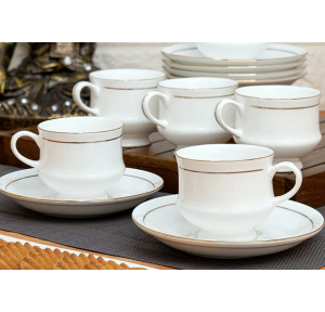 Clay Craft Cup and Saucer Set Mona White With Gold Line Ceramic 180ml Pack of 6