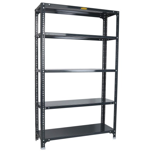 Slotted Angle Rack MS With 4 Compartments 5 Shelve Including Top With Size 2100x900x450 mm Angle 14 Gauge Shelf 18 Gauge Colour Grey Power Coated Weight Capacity 400kg With Installation