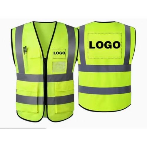 Safety Jacket Polyester Hi-Visibility 220 GSM With 2 Inch 3M Reflective Strip Color Green With Printing Logo & 4 Pockets