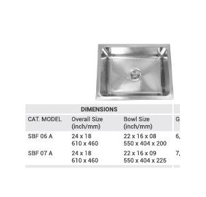 Sink SS304 Grade Single Bowl 22x16x9 Inch Size 24x18 Inch