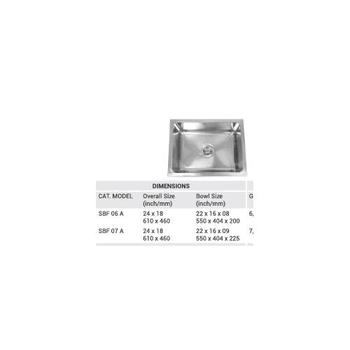 Sink SS304 Grade Single Bowl 22x16x9 Inch Size 24x18 Inch