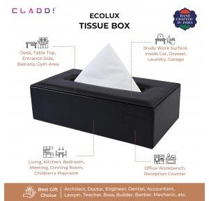 Cladd Tissue Paper Box Cover Leather Handcrafted Rectangular Shape Dimension 8.5x4.6x2.3 Inch Black With Logo Printed