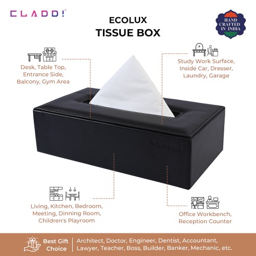 Cladd Tissue Paper Box Cover Leather Handcrafted Rectangular Shape Dimension 8.5x4.6x2.3 Inch Black With Logo Printed