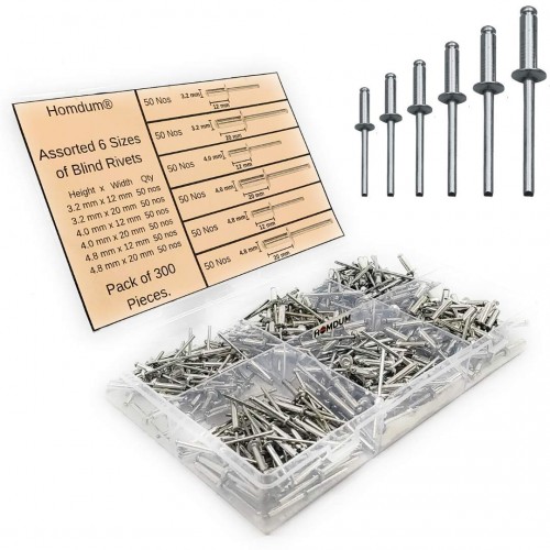 Rivet Set Metal POP Assorted 6 Sizes (3.2x12 MM, 3.2x19 MM, 4x12 MM, 4x19 MM, 4.8x12 MM, 4.8x19 MM) Pack of 300