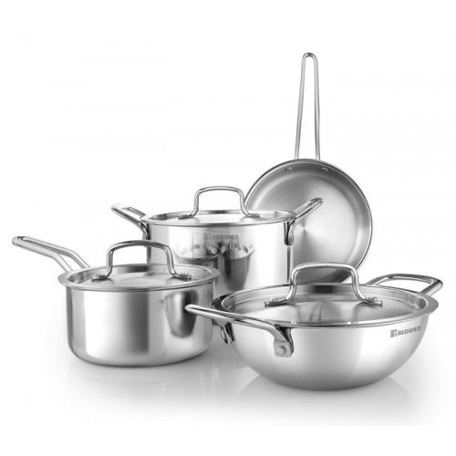 Bergner Cookware Set TriPro Triply Stainless Steel 7 Pcs, 1 Kadhai 20 CM, 1 Sautepan 20 CM,1 Saucepan 16 CM, 1 Casserole 20 CM, 3 Lids