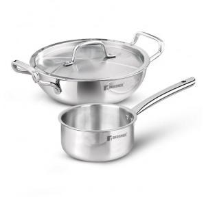 Bergner Cookware Set TriPro TriPly 3 Pcs Stainless Steel, 1 Kadhai 24 CM, 1 Teapan 16 CM, 1 Lid