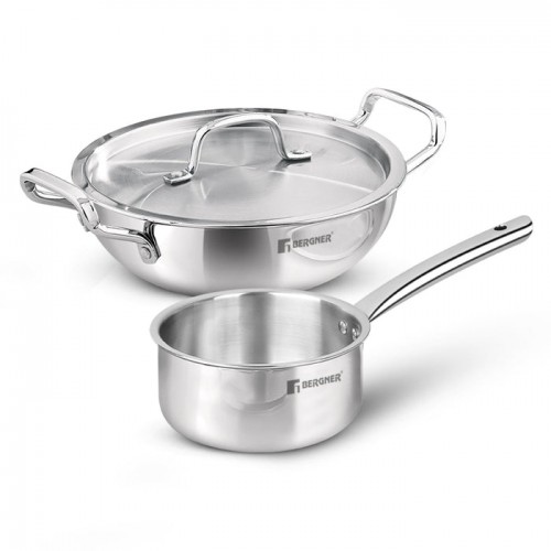 Bergner Cookware Set TriPro TriPly 3 Pcs Stainless Steel, 1 Kadhai 24 CM, 1 Teapan 16 CM, 1 Lid