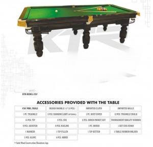 KTR Pool Table Rebel Size 8 X 4 Feet With Accessories Indian Marble 5 Pcs, Imported Cloth, 1 Pcs Triangle, 1 Pcs Dust Cover, 12 Pcs Triangle Chalk, 12 Pcs Tip