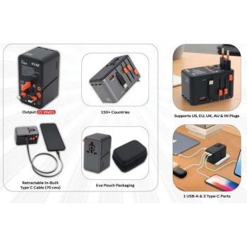 Fuzo Travel Adapter TGZ-2097 Zapp with Retractable Cable (GaN Technology) 8.8x5.5x5.5cm
