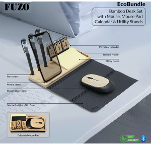 Fuzo Bamboo Desk Set TGZ-2115 EcoBundle with Mouse, Mouse Pad, Calendar & Utility Stands