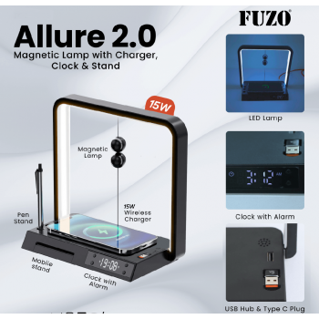 Fuzo Magnetic Lamp TGZ-1503 Allure 2.0 with Charger, Clock & Stand Black 23.5x21.5x12cm