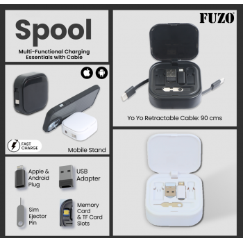 Fuzo Charger TGZ-1638 Spool Multi-Functional Essentials with Cable White Black 6.5x6.5x2.25cm