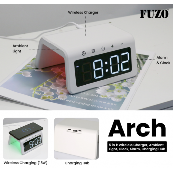 Fuzo Charger TGZ-1611 Arch Wireless Ambient Light Large Display Clock Alarm Charging Hub White