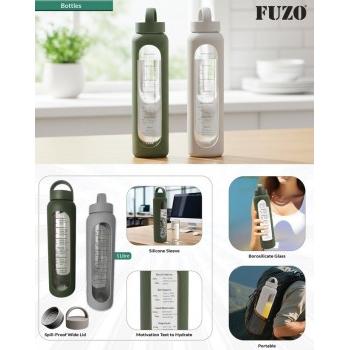 Fuzo Glass Bottle TGZ-2142 Nudge Borosilicate with Hydration Reminder Grey Green 32x8cm