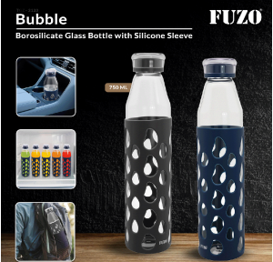 Fuzo Glass Bottle TGZ-2133 Bubble Borosilicate with Silicone Sleeve Blue grey 750ml 28x7cm