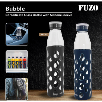 Fuzo Glass Bottle TGZ-2133 Bubble Borosilicate with Silicone Sleeve Blue grey 750ml 28x7cm