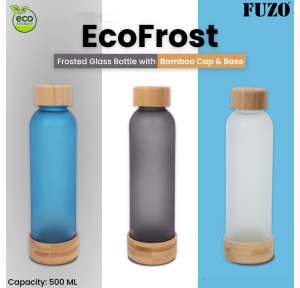 Fuzo Glass Bottle TGZ-1467 EcoFrost Frosted Glass Bottle with Bamboo Cap & Base Grey Blue