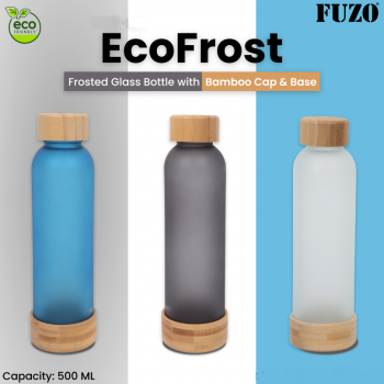 Fuzo Glass Bottle TGZ-1467 EcoFrost Frosted Glass Bottle with Bamboo Cap & Base Grey Blue