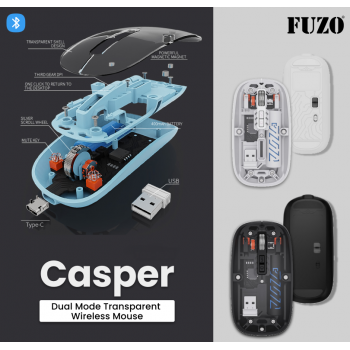 Fuzo Mouse TGZ-1629 Casper Dual Mode Transparent Wireless Black White 11.3x5.7x2.5cm