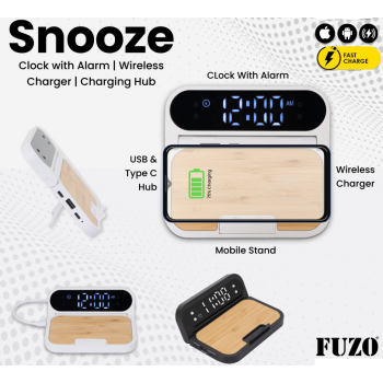 Fuzo Charger TGZ-1278 Snooze Clock with Alarm Wireless Charging Hub USB & Type C Hub 15x13.7x1.4cm