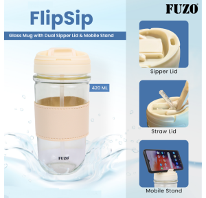 Fuzo Mug TGZ-1431 FlipSip Glass with Dual Sipper Lid & Mobile Stand white 420ml 17.5x8cm