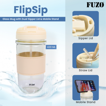 Fuzo Mug TGZ-1431 FlipSip Glass with Dual Sipper Lid & Mobile Stand white 420ml 17.5x8cm