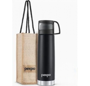 Pexpo Water Bottle Fererro Triple Wall Vacuum Insulated Hot and Cold Flask with Jute Bag Knight Black Designed Cap 650 g Dimensions 9.5W x 33.5H cm ISI Certified 1000ml Stainless Steel