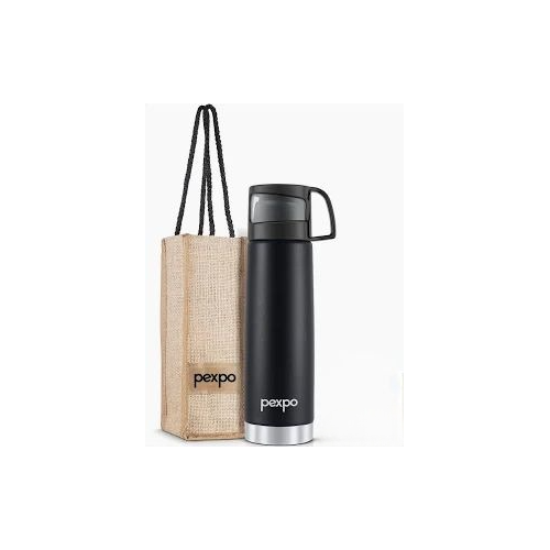 Pexpo Water Bottle Fererro Triple Wall Vacuum Insulated Hot and Cold Flask with Jute Bag Knight Black Designed Cap 650 g Dimensions 9.5W x 33.5H cm ISI Certified 1000ml Stainless Steel
