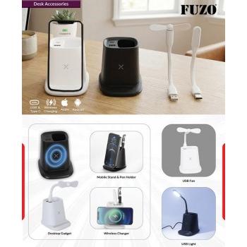 Fuzo Desk Pen Holder TGZ-720 PYD 6 in 1, Wireless Charger, USB & Type C Hub, USB Light, USB Fan, Mobile Stand Black