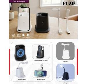 Fuzo Desk Pen Holder TGZ-720 PYD 6 in 1, Wireless Charger, USB & Type C Hub, USB Light, USB Fan, Mobile Stand Black