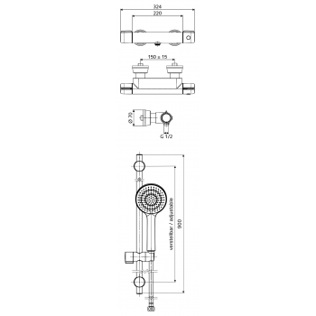 Schell Shower fittings 29 207 06 99 With Shower Connection At Bottom, Hand Shower With Anti-Limescale Nozzles, 3 Spray Settings, Shower Hose With Anti-Twist Protection, Shower Rail Length: 900 mm, Shower Hose Length: 1500mm