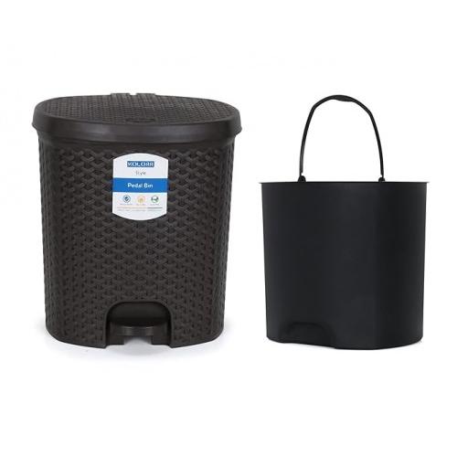 KOLORR Dustbin Magnum with Lid Large Garbage Waste Pedal Bin with Inner Bucket Dark Brown Plastic 14 Ltr
