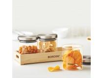 Borosil Jar Glass Classic  With Wooden Tray Set of 3 Capacity 600ml Each