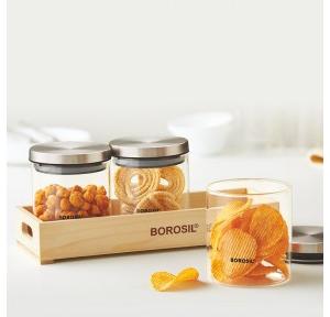 Borosil Jar Glass Classic  With Wooden Tray Set of 3 Capacity 600ml Each