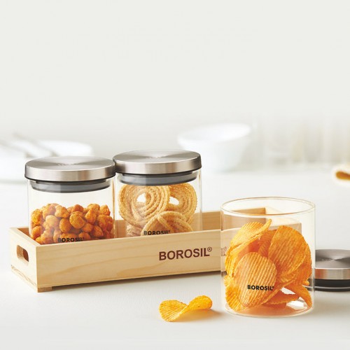 Borosil Jar Glass Classic  With Wooden Tray Set of 3 Capacity 600ml Each