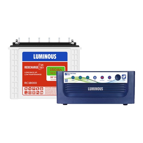 Luminous Inverter and Battery Combo Eco Volt Neo 1050 900VA Sine Wave Inverter + RC18000 Tall Tubular Battery  12V 150Ah