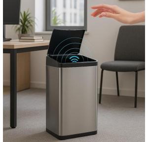 Dustbin Automatic Sensor With Lid Rectangular Shape Powder Coated IPX4 Fingerprint Proof Coating 4.8 kg Silver SS202 42 ltr 34L x 25W x 60H cm