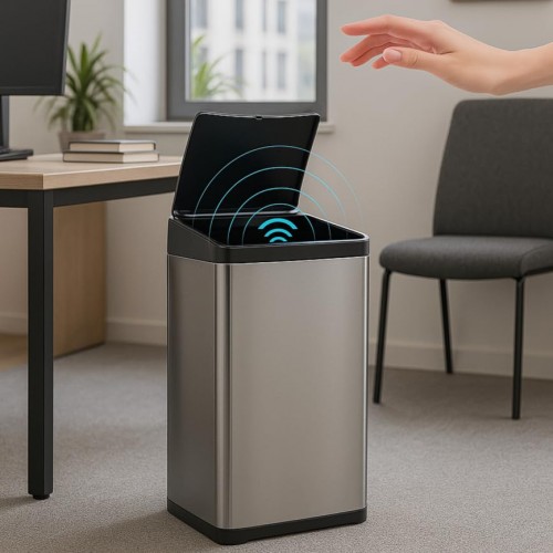 Dustbin Automatic Sensor With Lid Rectangular Shape Powder Coated IPX4 Fingerprint Proof Coating 4.8 kg Silver SS202 42 ltr 34L x 25W x 60H cm