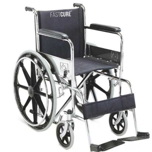 Fastcure Wheel Chair FC809B Chrome Steel Fixed Armrest Fixed Footrest Rear Wheel Locking Rexine Seat Heavy Gauge Total Width 65 CM Seat Width 46 CM Total Height 89 CM Max Weight Upto 100 Kg Dimension 94x25x91 CM