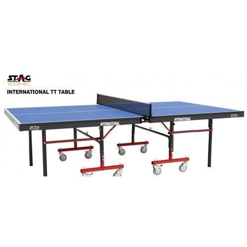 Stag Iconic TT Table TTIN 80 International Size L274 X W153 X H76 cm  117kg Top Thickness 25 mm Storage Size 165x160x67 cm 50x25 mm Frame Wheels Size 100 mm with Locks  Axalta Polyurethane Anti Glare With 2 TT Bats and 2 Balls