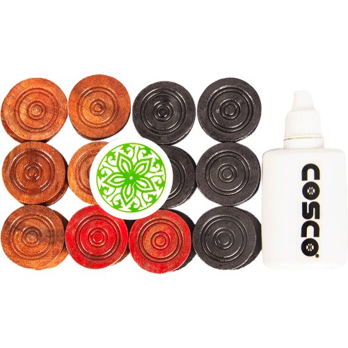 Cosco Carrom 3 in 1 Set Trio (11 Brown, 11 Black, 2 Red Coins, 1 Striker & 1 Powder Bottle) Non-Toxic And Compatible With Any Wooden Carrom Board