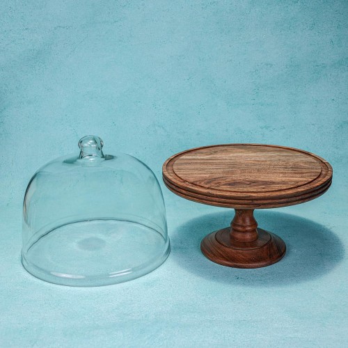 Wooden Cake Stand With Elegant Pedestal Knob With Acrylic Dome Lid 12 inch