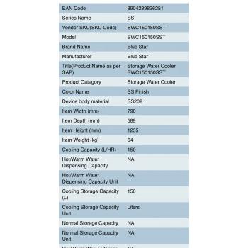 Blue Star Water Cooler SWC150150SST Capacity 150 Ltr