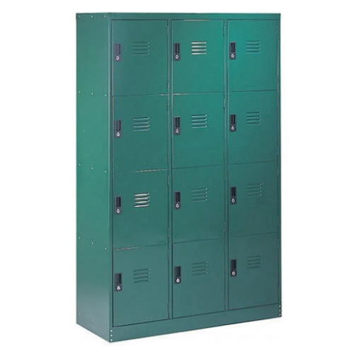 Staff Locker MS Heavy Duty CRCA Fabricated Power Coated 12 Compartment 20/22 Gauge Each Compartment Size 430x300x455 mm With Cam Lock and Card Holder With Louvers For Ventilation Dimension 1980x900x480 mm Colour Blue and Yellow