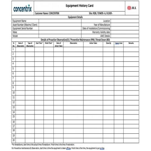 Equipment History Card Both Size Printed Size A4