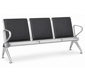 Three Seater Waiting Chair SS304 Thickness Seats 1 mm And Legs 1.2 mm 4 Arm Rest MS Power Coated Beam L1750xH790xD690 mm Glossy Finish With Back Support Leatherette Seat