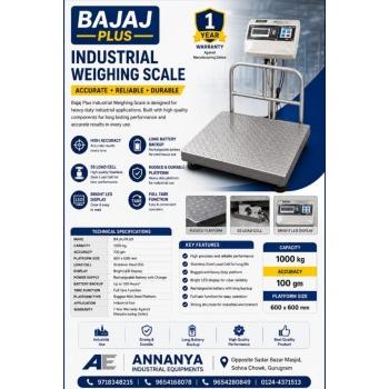 Bajaj Plus Weighing Scale Accuracy 100gm Load Cell SS Battery Backup Upto 100 Hours Rugged Mild Steel Platform Bright LED Display Size 600x600 mm Capacity 1000kg