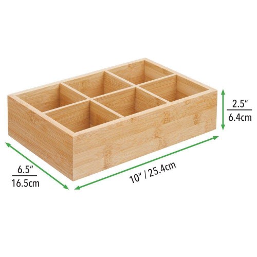 Tea Box Rectangular Pine Wood Compact 6 Divided Sections Holder Size D16.5xW25.4xH6.4 cm