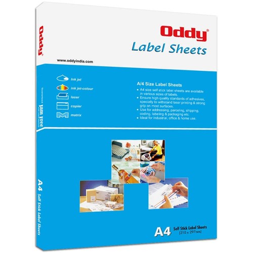 Oddy Self Adhesive Paper Label Stickers A4 for Laser And Inkjet Printers Pack of 100 Sheets